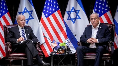 US President Joe Biden with Israeli Prime Minister Benjamin Netanyahu in Tel Aviv, Israel, on October 18.  Reuters