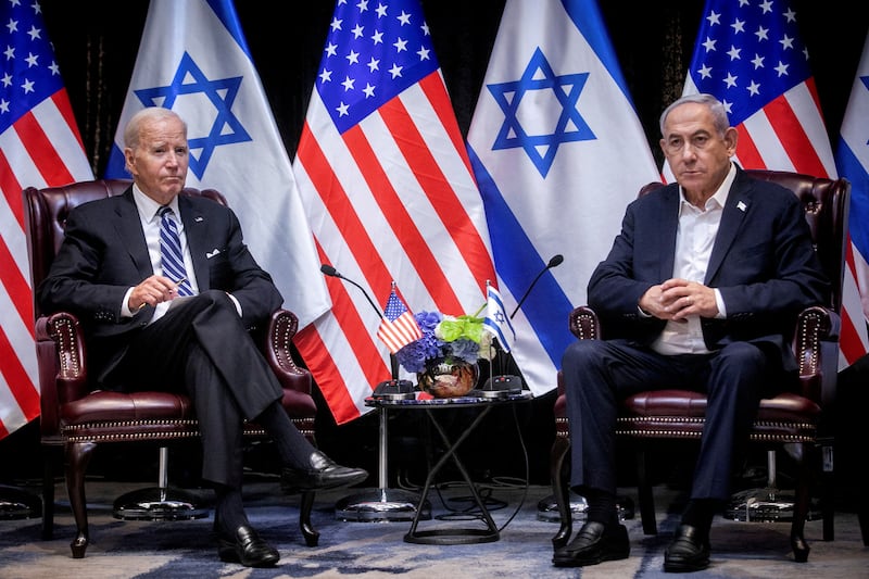 US President Joe Biden with Israeli Prime Minister Benjamin Netanyahu in Tel Aviv, Israel, on October 18.  Reuters