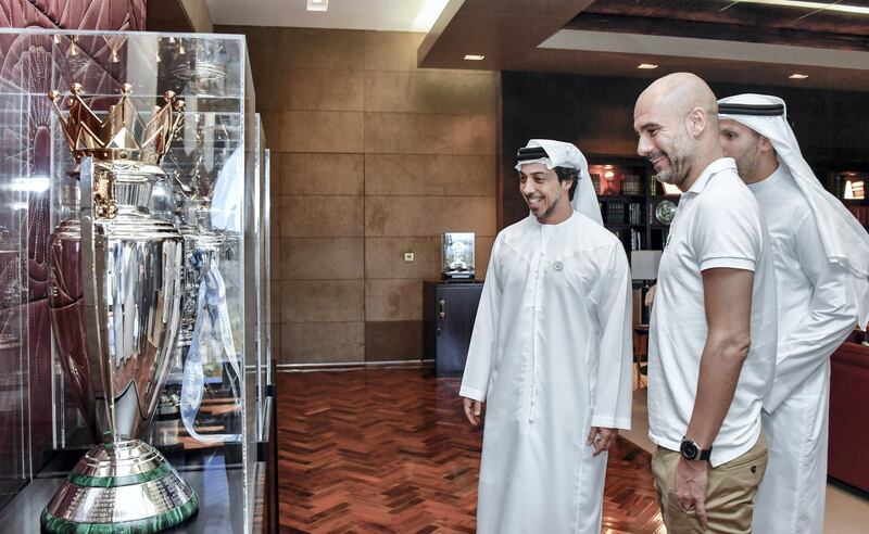 Manchester City manager Pep Guardiola meets Sheikh Mansour bin Zayed, Deputy Prime Minister and Minister of Presidential Affairs, and City chairman Khaldoon Al Mubarak. WAM