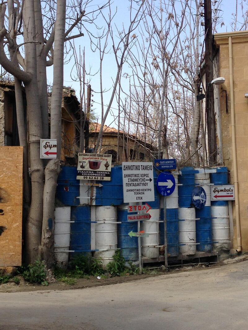 Part of the UN's Green Line which cuts 180 kilometres across the island of Cyprus and divides its capital, Nicosia, in two. Visitors can walk down Nicosia's busy shopping streets, take a few turns, and be confronted by barricades dividing north from south. Declan McVeigh / The National