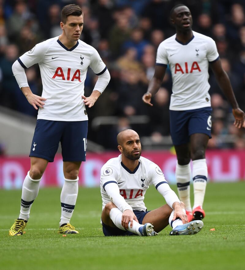 Lucas Moura, centre, of Tottenham Hotspur at the final whistle. EPA