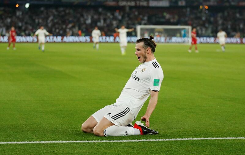 Real Madrid's Gareth Bale celebrates scoring their second goal. Reuters