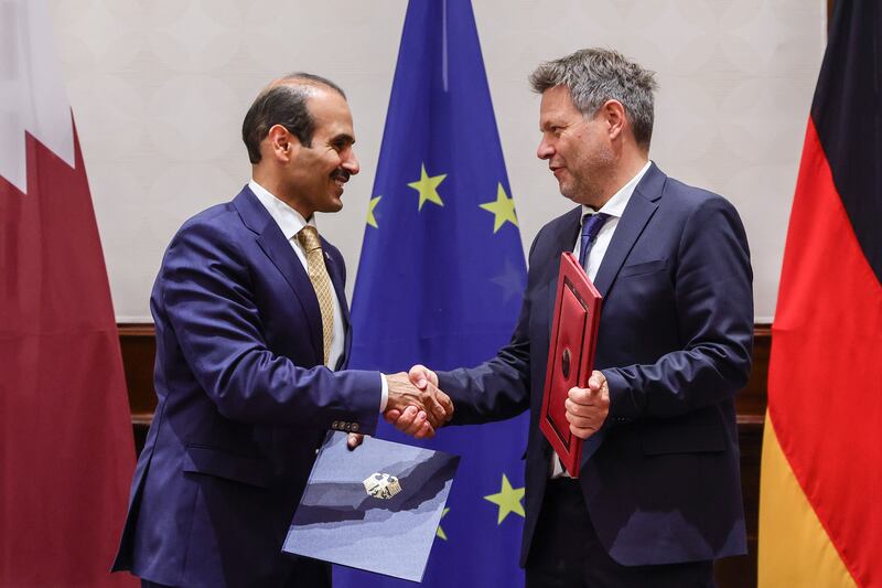 German Vice Chancellor Robert Habeck signed an agreement with Qatar's Energy Minister Saad Sherida Al Kaabi in Berlin. EPA