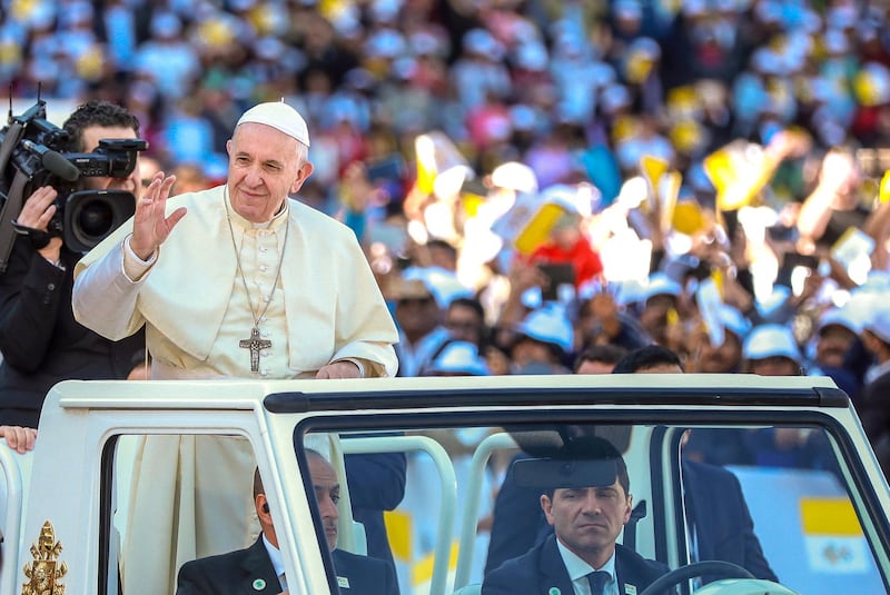 Abu Dhabi, U.A.E., February 5, 2019.   His Holiness Pope Francis, Head of the Catholic Church arrives at the Zayed Sports City.
Victor Besa/The National
Section:  NA