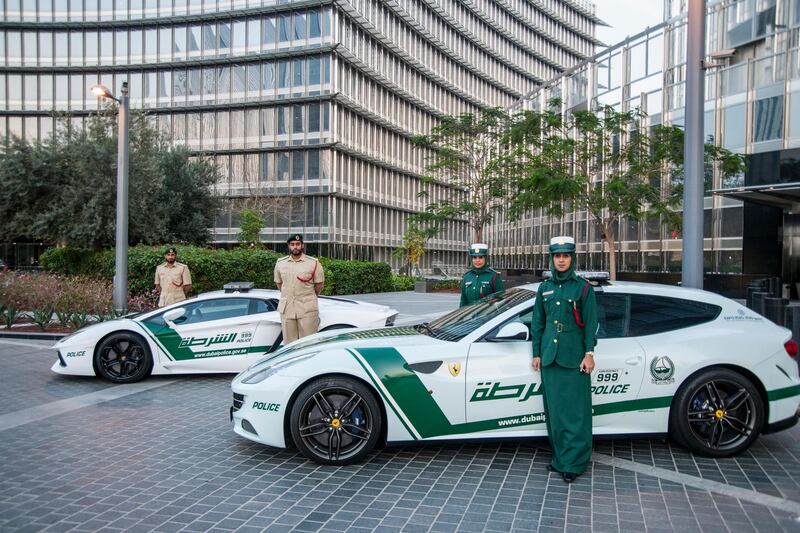 May 5, 2013 - provided photo of the Lamborghini Aventador (left) and   Ferrari FF patrol car (right)  owned by the Dubai Police   Courtesy Dubai Police