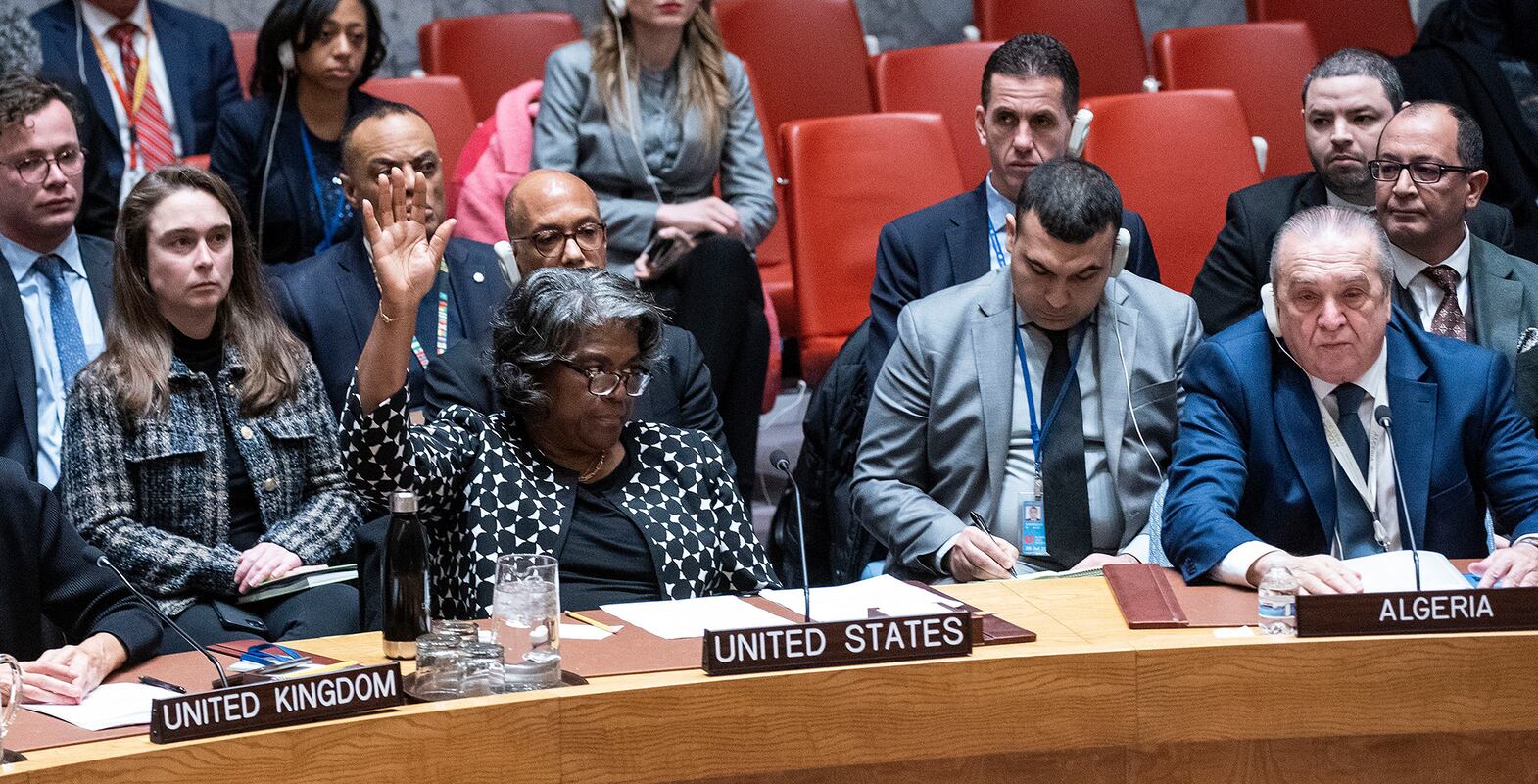US Ambassador to the UN Linda Thomas-Greenfield casts a veto vote during a UN Security Council meeting on the Israel-Hamas war, at UN Headquarters in New York City on February 20, 2024. The US vetoed a UN Security Council resolution on Tuesday that called for an immediate ceasefire in Gaza, even as President Joe Biden faced mounting pressure to dial back support for Israel. (Photo by ANGELA WEISS / AFP)