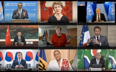 This combination created of nine video grabs taken on May 18, 2020 from the website of the World Health Organization shows (top to bottom, LtoR) WHO Director-General Tedros Adhanom Ghebreyesus, Swiss President Simonetta Sommaruga, UN Secretary-General Antonio Guterres, Chinese President Xi Jinping, German Chancellor Angela Merkel, French President Emmanuel Macron, South Korean President Moon Jae-in, Barbados Prime Minister Mia Mottley and South African President Cyril Ramaphosa delivering their speech via video link at the opening of the World Health Assembly virtual meeting from the WHO headquarters in Geneva, amid the COVID-19 pandemic, caused by the novel coronavirus. The World Health Organization on May 18 kicked off its first ever virtual assembly, but fears abound that US-China tensions could derail the strong action needed to address the COVID-19 crisis. - RESTRICTED TO EDITORIAL USE - MANDATORY CREDIT "AFP PHOTO / WORLD HEALTH ORGANIZATION" - NO MARKETING - NO ADVERTISING CAMPAIGNS - DISTRIBUTED AS A SERVICE TO CLIENTS
 / AFP / World Health Organization / - / RESTRICTED TO EDITORIAL USE - MANDATORY CREDIT "AFP PHOTO / WORLD HEALTH ORGANIZATION" - NO MARKETING - NO ADVERTISING CAMPAIGNS - DISTRIBUTED AS A SERVICE TO CLIENTS
