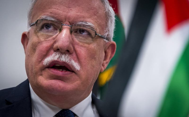 Palestinian Minister of Foreign Affairs Riyad al-Maliki speaks to the press following his talks with the ICC prosecutor at the International Criminal Court in The Hague on May 22, 2018.  His meeting took place just over a week after 62 Palestinians were killed by Israeli fire as they protested the US decision to move its embassy from Tel Aviv to the disputed city of Jerusalem. - Netherlands OUT
 / AFP / ANP / Lex van LIESHOUT
