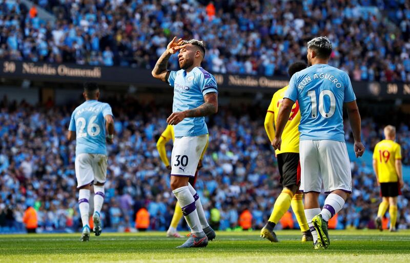 Manchester City's Nicolas Otamendi celebrates scoring their fifth goal. Reuters