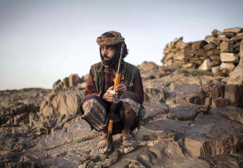 A members of Yemeni resistance forces of Abu Jabr brigade is seen near a front line position in Zi Naem town of Al-Bayda governorate,  May 9, 2018.  Photo/ Asmaa Waguih 