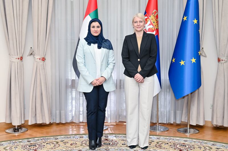 Sarah Al Amiri, Minister of State for Public Education and Advanced Technology, with Jelena Begovic, Serbia’s Minister of Science, Technological Development and Innovation, in Belgrade. Photo: UAE Ministry of Industry and Advanced Technology