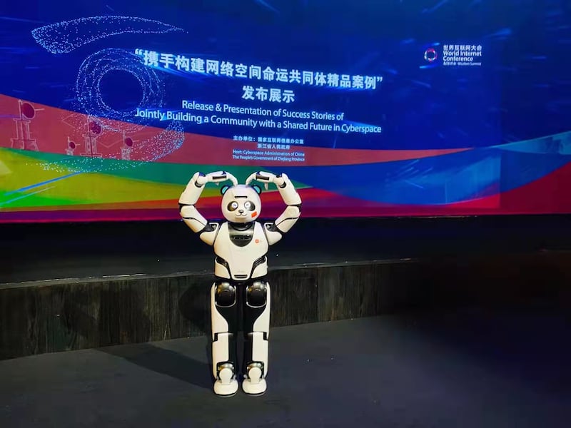 Youyou, a panda robot, developed by Chinese company UBTech, says he wants to spread love around the world.