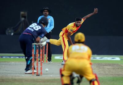 Sharjah, United Arab Emirates - Reporter: Paul Radley. Sport. Cricket. Abu Dhabi's Yodhin Punja bowls. The second season of the Emirates D10, Abu Dhabi v Dubai. Saturday, April 4th, 2021. Sharjah. Chris Whiteoak / The National