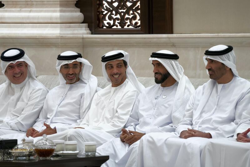 ABU DHABI, UNITED ARAB EMIRATES - May 21, 2019: (R-L) HH Sheikh Saeed bin Zayed Al Nahyan, Abu Dhabi Ruler's Representative, HH Sheikh Nahyan Bin Zayed Al Nahyan, Chairman of the Board of Trustees of Zayed bin Sultan Al Nahyan Charitable and Humanitarian Foundation, HH Sheikh Mansour bin Zayed Al Nahyan, UAE Deputy Prime Minister and Minister of Presidential Affairs and HH Sheikh Diab bin Zayed Al Nahyan, attend an iftar reception at Al Bateen Palace.

( Eissa Al Hammadi for the Ministry of Presidential Affairs )
---