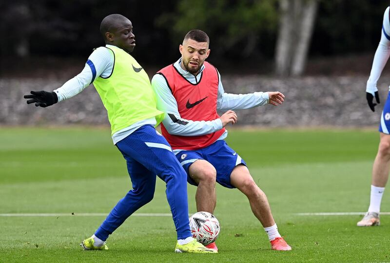 COBHAM, ENGLAND - MAY 14:  N'Golo Kante and Mateo Kovai of Chelsea during a training session at Chelsea Training Ground on May 14, 2021 in Cobham, England. (Photo by Darren Walsh/Chelsea FC via Getty Images)