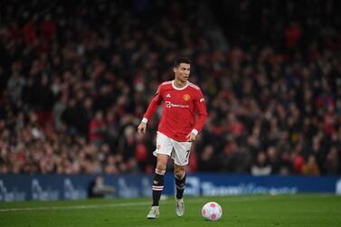 MANCHESTER, ENGLAND - MARCH 12: Cristiano Ronaldo of Manchester United in action during the Premier League match between Manchester United and Tottenham Hotspur at Old Trafford on March 12, 2022 in Manchester, England. (Photo by Michael Regan / Getty Images)