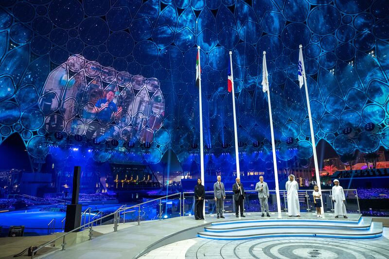 French astronaut Thomas Pesquet speaks to UAE and French representatives on a live feed from space to Al Wasl Plaza. Victor Besa / The National