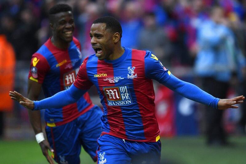 Jason Puncheon of Crystal Palace (front) celebrates with Wilfried Zaha as he scores their first goal during the FA Cup Final match between Manchester United and Crystal Palace at Wembley Stadium on May 21, 2016 in London, England. (Mike Hewitt/Getty Images)