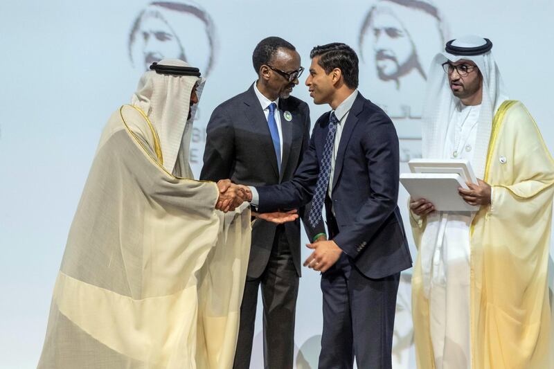 ABU DHABI, UNITED ARAB EMIRATES. 13 JANUARY 2020. The Zayed Sustainability Awards held at ADNEC as part of Abu Dhabi Sustainability Week. H.E. Sheikh Mohammed bin Zayed Al Nahyan, Crown Prince of Abu Dhabi and Deputy Supreme Commander of the United Arab Emirates Armed Forces awards Water Winner: Ceres Imaging, USA wit the President of Rwanda Paul Kagame. (Photo: Antonie Robertson/The National) Journalist: Kelly Clarker. Section: National.

