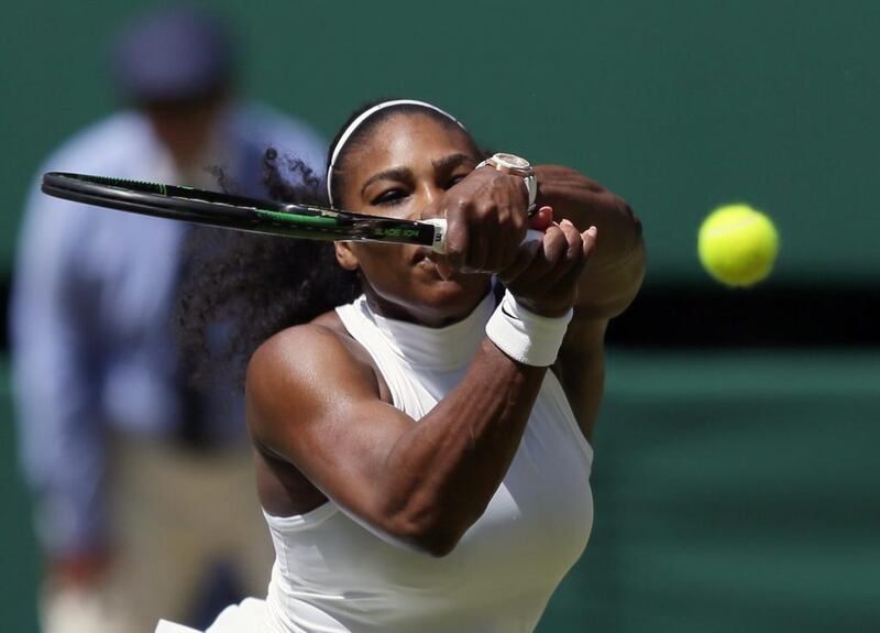 Serena Williams of the US returns to Elena Vesnina of Russia during their women’s singles match on day eleven of the Wimbledon Tennis Championships in London, Thursday, July 7, 2016. (AP Photo/Tim Ireland)