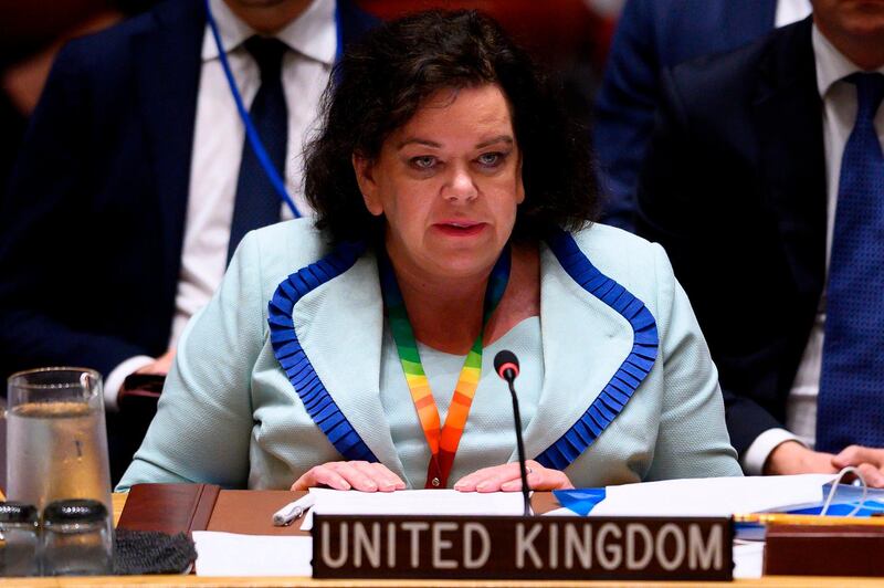 (FILES) In this file photo taken on August 20, 2019 Dame Karen Pierce, Permanent British representative to the United Nations speaks during a United Nations Security Council meeting, at the United Nations in New York. Britain appointed its current UN envoy as the next ambassador to the United States on February 7, 2020, after London's previous top diplomat in Washington resigned over comments about President Donald Trump. Downing Street said Karen Pierce would replace Kim Darroch, who quit last year over leaked diplomatic cables in which he criticised Trump as "inept" and his White House administration "dysfunctional". / AFP / Johannes EISELE
