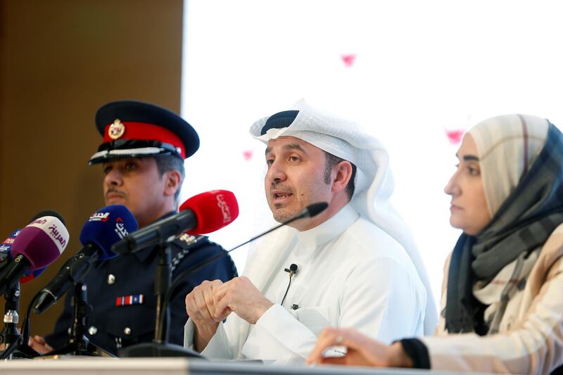 Dr Manaf Al Qahtani, Infectious Diseases Consultant and Microbiologist at the Bahrain Defence Force Hospital and Member of the National Taskforce for Combating the Coronavirus (COVID-19) (centre) speaks during a press conference held by National Taskforce for Combating Coronavirus (COVID), as Lt Col Mohammed Al Bin Qadeer (right) and Dr Jameela Al Salman (left), both members of National Taskforce, look on at Sheikh Salman Hall in Manama, Bahrain. Reuters