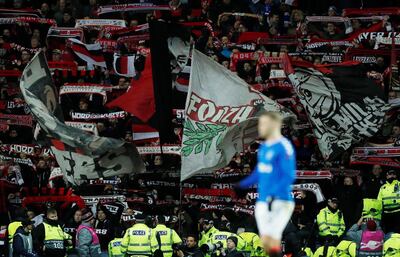 Soccer Football - Europa League - Round of 16 First Leg - Rangers v Bayer Leverkusen - Ibrox, Glasgow, Scotland, Britain - March 12, 2020  Bayer Leverkusen fans during the match       Action Images via Reuters/Lee Smith
