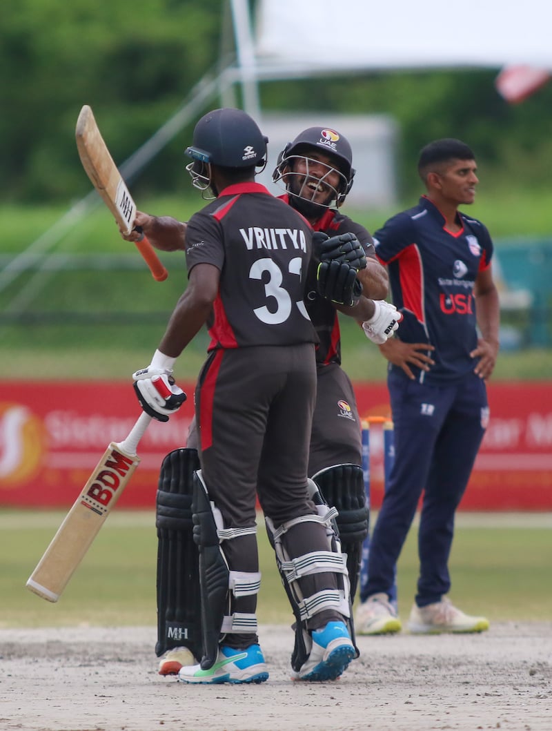 CP Rizwan hugs Vriitya Aravind after the youngster reached his century against United States in Cricket World Cup League 2 in Texas. Courtesy USA Cricket. 
 Photo: USA Cricket