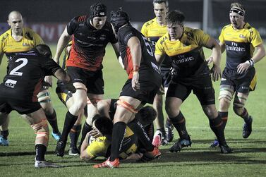 Dubai, November, 09, 2018: Dubai Exiles and Dubai Hurricanes in action during the West Asia Premiership league match at the Rugby Sevens stadium in Dubai . Satish Kumar for the National/ Story by Paul Radley