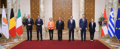 Egypt's President Abdel Fattah El Sisi with leaders of EU member states and European Commission President Ursula von der Leyen after signing a deal on greater co-operation on migration worth €7. 4 billion. EPA 
