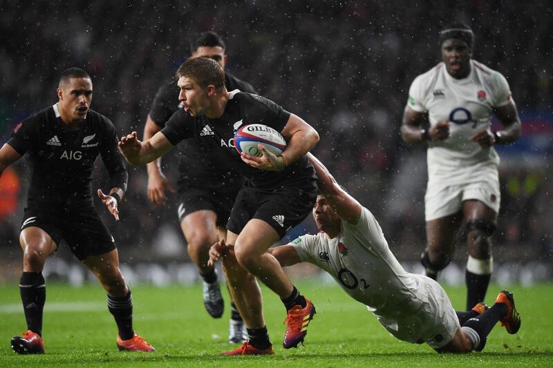 LONDON, ENGLAND - NOVEMBER 10:  Jack Goodhue of New Zealand All Blacks is tackled by Ben Youngs of England during the Quilter International match between England and New Zealand at Twickenham Stadium on November 10, 2018 in London, United Kingdom.  (Photo by Shaun Botterill/Getty Images)