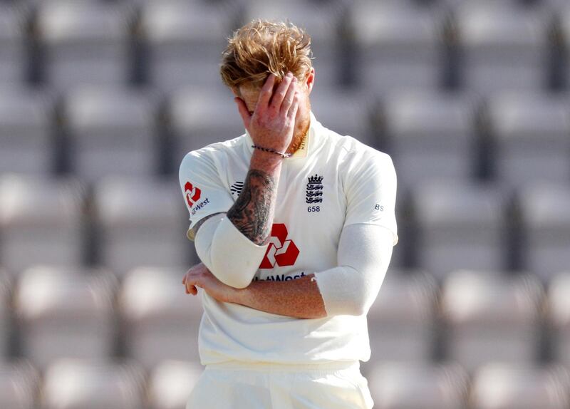 England captain Ben Stokes cannot bare to look during the final day's play against the West Indies at the Ageas Bowl on Sunday, July 12. The Windies won the match by four wickets. Reuters