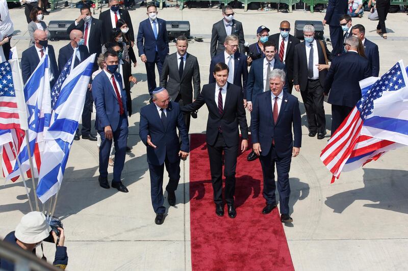 The US-Israel delegation board the plane. EPA