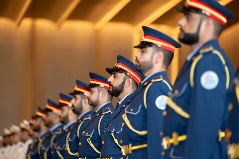 The UAE Armed Forces Honour Guard participates in a reception for Mr Modi at the Presidential Airport, Abu Dhabi. Abdulla Al Bedwawi / Presidential Court
