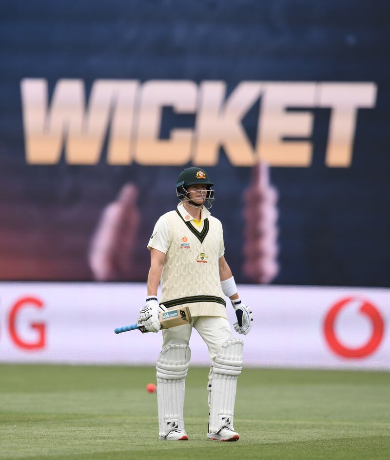 Australia btasman Steve Smith after losing his wicket for 27. EPA