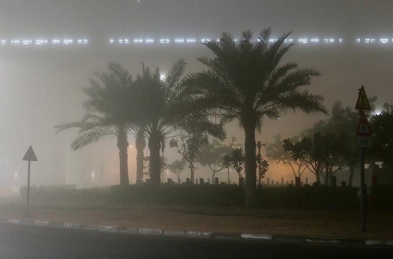 DUBAI, UNITED ARAB EMIRATES , January 19– View of the early morning fog from 2:30 am to 5 am around Dubai EXPO 2020 metro line between Al Furjan and Discovery Gardens area in Dubai. (Pawan Singh / The Nationals) For News/Stock/Online/Instagram/Standalone/Big Picture.