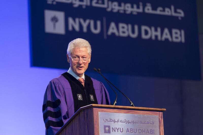 The former United States president Bill Clinton addresses New York University Abu Dhabi’s first graduation ceremony. Philip Cheung
