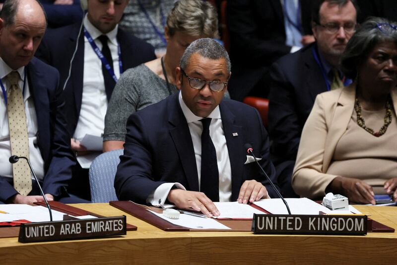 British Foreign Secretary James Cleverly speaks during a high-level meeting of the Security Council on Russia's invasion of Ukraine. Reuters