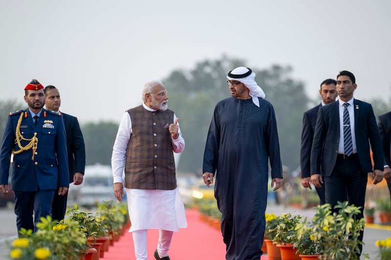 President Sheikh Mohamed is received by Narendra Modi, Prime Minister of India. All photos: UAE Presidential Court 
