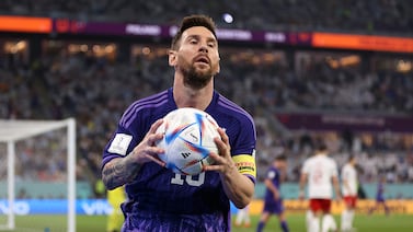 DOHA, QATAR - NOVEMBER 30: Lionel Messi of Argentina during the FIFA World Cup Qatar 2022 Group C match between Poland and Argentina at Stadium 974 on November 30, 2022 in Doha, Qatar. (Photo by Julian Finney / Getty Images)