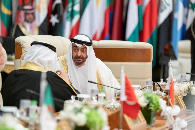 MECCA, SAUDI ARABIA - May 31, 2019: HH Sheikh Mohamed bin Zayed Al Nahyan, Crown Prince of Abu Dhabi and Deputy Supreme Commander of the UAE Armed Forces (), heads the UAE delegation to the Arab League emergency summit in Mecca.

( Mohamed Al Hammadi / Ministry of Presidential Affairs )
---