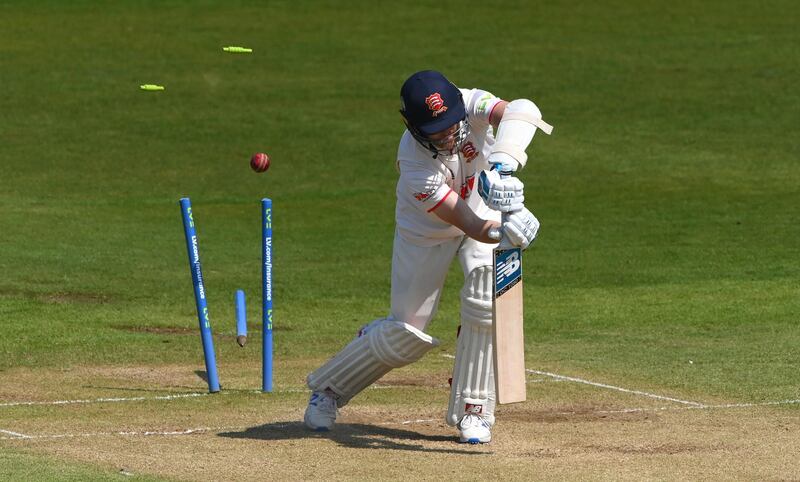 Essex batsman Jamie Porter is bowled by Durham's Ben Raine for a duck during the County Championship match at the Emirates Riverside on Sunday, May 29. Getty