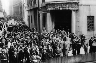 Crowds on Wall Street in New York, after the stock exchange crashed in 1929. History shows us that market crashes broadly follow the same pattern. Getty Images