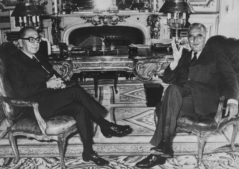 President Georges Pompidou of France (right) and Abdul Razak Hussein, Prime Minister of Malaysia, sitting together during a meeting at the Elysee Palace, Paris, April 22nd 1971. (Photo by Keystone/Hulton Archive/Getty Images)