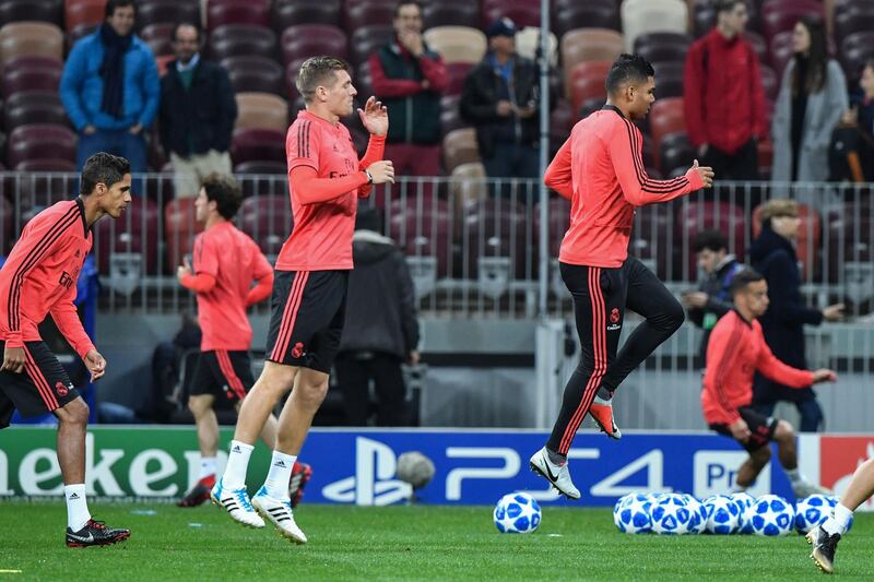 From left: Varane, Kroos and Casemiro take part in a training session. AFP