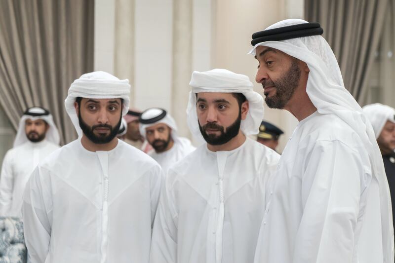 ABU DHABI, UNITED ARAB EMIRATES - November 20, 2019: HH Dr Sheikh Khaled bin Sultan bin Zayed Al Nahyan (L), HH Dr Sheikh Hazza bin Sultan bin Zayed Al Nahyan (C) and HH Sheikh Mohamed bin Zayed Al Nahyan, Crown Prince of Abu Dhabi and Deputy Supreme Commander of the UAE Armed Forces (R), receive mourners who are offering condolences on the passing of the late HH Sheikh Sultan bin Zayed Al Nahyan, at Al Mushrif Palace.


( Rashed Al Mansoori / Ministry of Presidential Affairs )
---