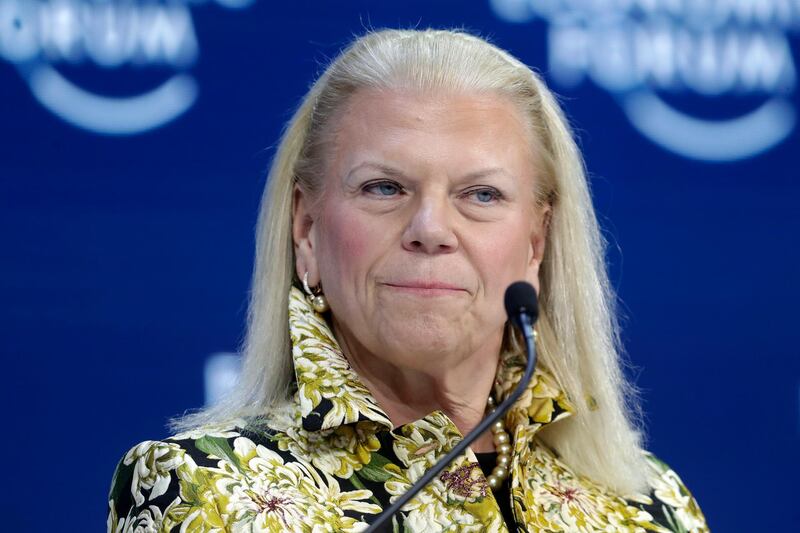 FILE - In this Tuesday, Jan. 21, 2020 file photo, Ginni Rometty, President and CEO of IBM, attends a panel discussion at the World Economic Forum in Davos, Switzerland. Ginni Rometty is stepping down after nearly 40 years with the computing giant and eight years at its helm. The company said Thursday, Jan. 30, 2020 that Arvind Krishna will take over as CEO starting April 6 . (AP Photo/Michael Probst)