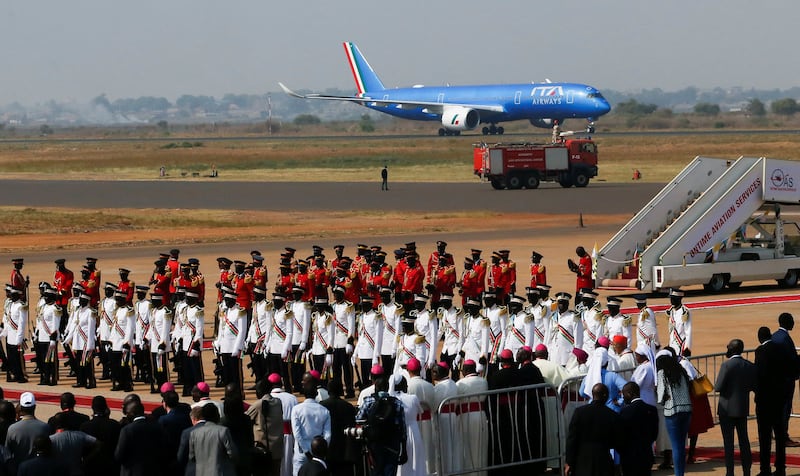 The plane carrying Pope Francis arrives in Juba for the second and final leg of the pontiff's African pilgrimage. Reuters