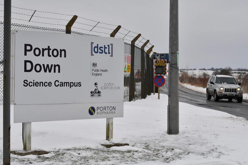 (FILES) In this file photo taken on March 19, 2018 a picture shows the entrance to the Porton Down science park that houses Britain's Ministry of Defence's Defence Science and Technology Laboratory in the village of Porton, near Salisbury, in southern England, where samples collected in connection with the investigation into an apparent nerve agent attack in Salisbury on March 4, were taken to be analysed. 
The head of the British military facility analysing the Novichok nerve agent used to poison Russian spy Sergei Skripal and his daughter Yulia, said on April 3, 2018, that it has "not verified the precise source" of the substance. Gary Aitkenhead, chief executive of the Porton Down defence laboratory, told Britain's Sky News that analysts had identified it as military-grade novichok, but they had not proved it was made in Russia. / AFP PHOTO / BEN STANSALL