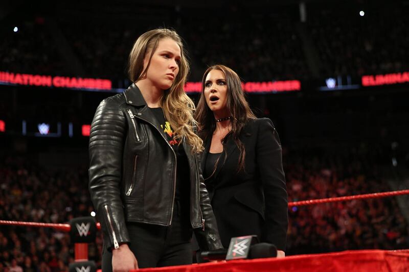 Stephanie McMahon, right, is excited for the prospect of her match with Ronda Rousey on Sunday. Image courtesy of WWE.